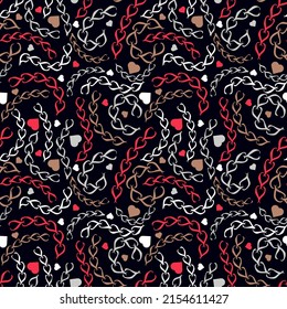 Heart chain colorful seamless pattern. Multi-colored curved ornate chains and abstract hearts of different sizes are randomly arranged on a black background. Vector.