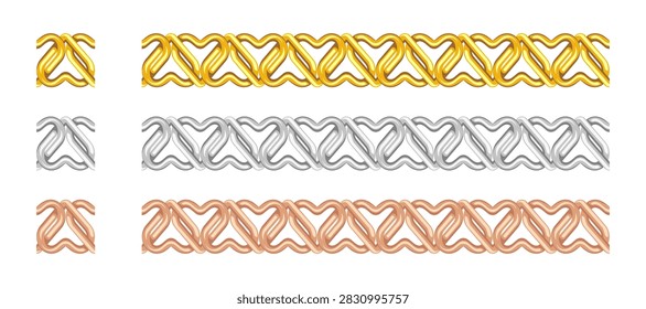 Heart Chain Links Seamless Pattern Frame Borders Luxury Jewelry Gold Silver Bronze Vector Illustration Set
