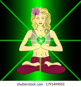 Heart chakra activation concept. Woman sitting in lotus pose with namaste hands. Vector illustration.