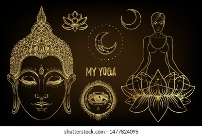 Heart Chakra concept. Inner love, light and peace. Silhouette in lotus position and Buddha face. Vector illustration isolated . Gold gradient over black. 