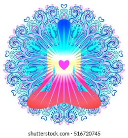 Heart Chakra concept. Inner love, light and peace. Silhouette in lotus position over colorful ornate mandala. Vector illustration isolated on white. Buddhism esoteric motifs. Tattoo, spiritual yoga.