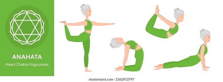 Heart Chakra Yoga poses. Elderly woman practicing Anahata Chakra Yoga asana. Healthy lifestyle. Flat cartoon character. Vector illustration