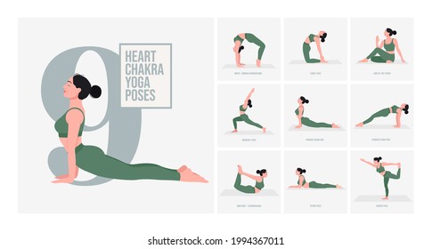 Heart Chakra Yoga poses. Young woman practicing Yoga pose. Woman workout fitness, aerobic and exercises. Vector Illustration.