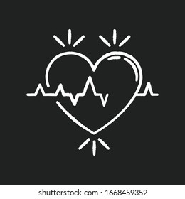 Heart chalk white icon on black background. Pulse rate. Heartbeat rhythm. Cardiogram frequency analysis. Vital signs. Cardio health care. Medical tests. Isolated vector chalkboard illustration