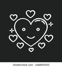 Icono blanco de tiza cardíaca sobre fondo negro. Feliz emoji. Emoticón romántico. El ánimo de vuelo. Signo de San Valentín. Símbolo de citas para lo más destacado de los medios sociales. Ilustración aislada de cartón vectorial