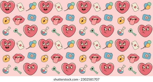 Heart character background in cartoon style. Seamless pattern with stickers and patches in trendy retro cartoon style. Vector illustration.