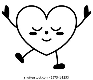 Heart character is daydreaming. Young man in the shape of a love symbol. Dreamy smile on his face, eyes closed, hands up, legs dancing. Sketch. Vector illustration. Doodle style. 