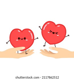 Heart character design. Heart on hand. Vector set Heart character on white background. Romantic flat style Valentine's Day illustrations to express feelings of love.