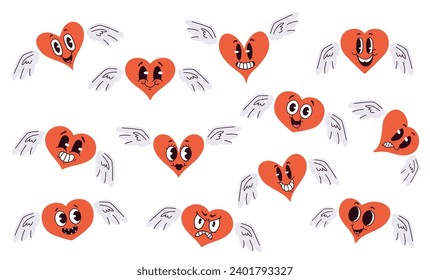 Heart character with different emotions and wings. Valentine day concept. Vector flat graphic design illustration 