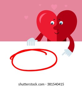 Heart character drawing a red pencil empty frame on a blank sheet. Flat style vector illustration on pink background. Valentine day greeting card. love symbol