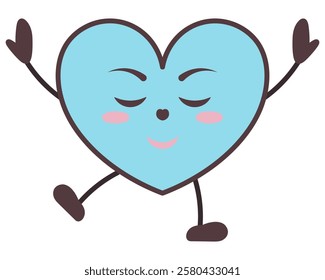 Heart character is dreaming. Young man in the form of love symbol. Dreamy smile on face, eyes closed, hands up, legs dancing. Color vector illustration. Isolated white background. Kawaii style.