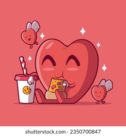 Heart character eating a slice of pizza vector illustration. Food, love, funny design concept.