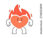 Heart character in fire. Hot burning love symbol, passionate aroused excited valentine in flame. Passion, sex desire, affection concept. Flat vector illustration isolated on white background