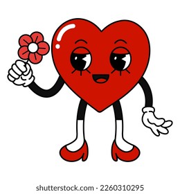 Heart character with flower in retro cartoon style. Valentines day concept. Flat vector illustrations on white background.