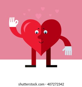 Heart character gesturing okay. Flat style vector illustration on pink background. Valentine day greeting card. love symbol