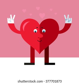 Heart character gesturing victory. Flat style vector illustration on pink background. Valentine day greeting card. love symbol