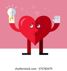 Heart character get the idea holding bulb. Flat style vector illustration on pink background. Valentine day greeting card. love symbol