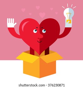 Heart character get the idea holding bulb thinking outside the box. Flat style vector illustration on pink background. Valentine day greeting card. love symbol