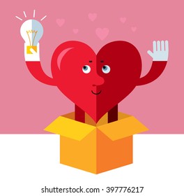Heart character get the idea holding bulb thinking outside the box. Flat style vector illustration on pink background. Valentine day greeting card. love symbol