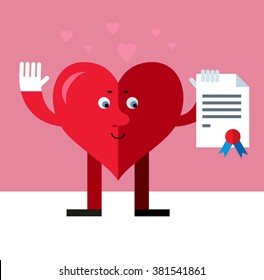 Heart character with graduation diploma. Flat style vector illustration on pink background. Valentine day greeting card. love symbol
