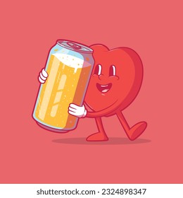 Heart Character holding a beer can made of glass vector illustration. Drink, funny, party design concept.