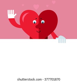 Heart character holding a blank sheet and waving hand greeting. Flat style vector illustration pink background. Valentine day greeting card. love symbol