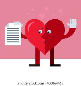 Heart character holding document. Flat style vector illustration on pink background. Valentine day greeting card. love symbol