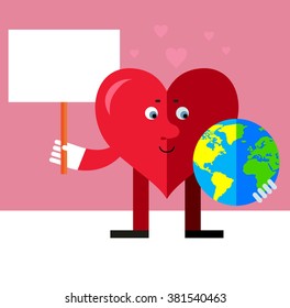 Heart character holding a globe and blank sign. Flat style vector illustration on pink background. Valentine day greeting card. love symbol