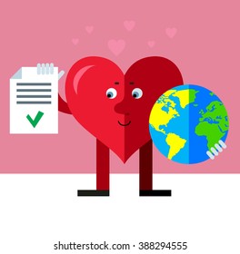 Heart character holding a globe and check list with green mark. Flat style vector illustration on pink background. Valentine day greeting card. love symbol.