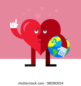 Heart character holding a globe and making attention gesture with forefinger . Flat style vector illustration on pink background. Valentine day greeting card. love symbol