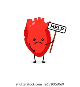 Heart character holding help sign, showing sad expression, symbolizes need for care and support.