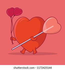 Heart character holding a lollipop and balloons vector illustration. Love, valentine, gift, romance design concept