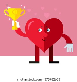 Heart character holding winning trophy. Flat style vector illustration on pink background. Valentine day greeting card. love symbol