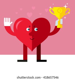 Heart character holding winning trophy. Flat style vector illustration on pink background. Valentine day greeting card. love symbol