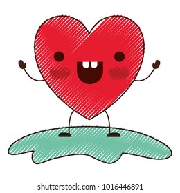 heart character kawaii cheerful expression in colored crayon silhouette