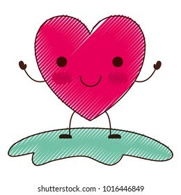 heart character kawaii smiling expression in colored crayon silhouette