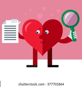 Heart character with magnifier glass and document searching. Flat style vector illustration on pink background. Valentine day greeting card. love symbol