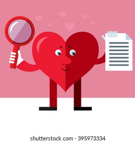 Heart character with magnifier glass and document searching. Flat style vector illustration on pink background. Valentine day greeting card. love symbol