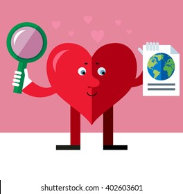 Heart character with magnifier glass and earth icon. Global search. Flat style vector illustration on pink background. Valentine day greeting card. love symbol