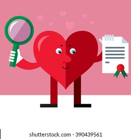 Heart character with magnifier glass and graduation diploma. Flat style vector illustration on pink background. Valentine day greeting card. love symbol