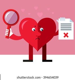 Heart character with magnifier glass holding checklist with X sign. Unsuccessful searching. Flat style vector illustration on pink background. Valentine day greeting card. love symbol