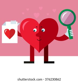 Heart character with magnifier glass and heart icon. Online Dating. Flat style vector illustration on pink background. Valentine day greeting card. love symbol