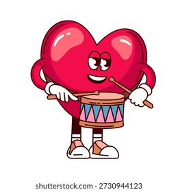 Personagem do coração tocando tambor em pose para o Dia dos Namorados. Caráter vermelho coração groovy segurando tambor e paus, rosto sorridente, braços, luvas, pernas e sapatos. Ilustração de vetor de desenhos animados.