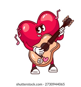 Heart character playing guitar in pose for Valentine Day. Red character groovy heart holding acoustic guitar, music notes, eyes, arms, gloves, legs and shoes. Cartoon vector illustration.
