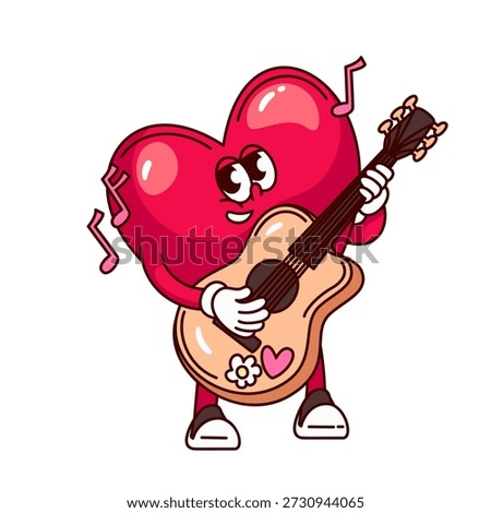 Heart character playing guitar in pose for Valentine Day. Red character groovy heart holding acoustic guitar, music notes, eyes, arms, gloves, legs and shoes. Cartoon vector illustration.