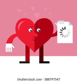 Heart character with preloader icon. Flat style vector illustrati on on pink background. Valentine day greeting card. love symbol