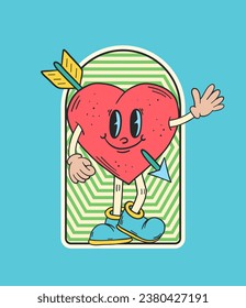 Heart character. Retro cartoon character. Heart sticker. Hippie patch badge. Vintage animation art. Groovy doodle. Retro Valentines day. Vintage cartoon. 60s and 70s nostalgia.