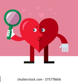 Heart character  Seeing Through Magnifying Glass. Flat style vector illustration on pink background. Valentine day greeting card. love symbol