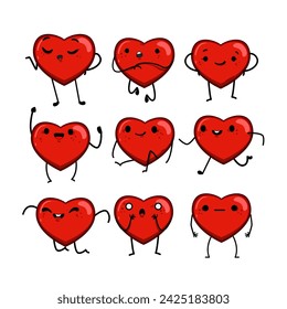 caricatura del juego de personajes del corazón. amor divertido, pegatina linda, cara bonita signo del personaje del corazón. símbolo aislado ilustración vectorial