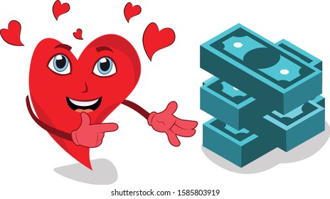 heart character showing money bundles